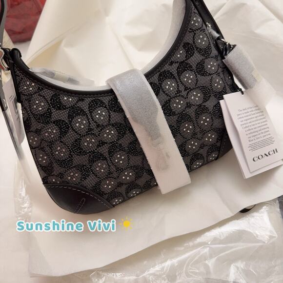 NWT Coach Hamptons Hobo Bag In Crystal Signature Jacquard CW654 Black Silver - Picture 8 of 10